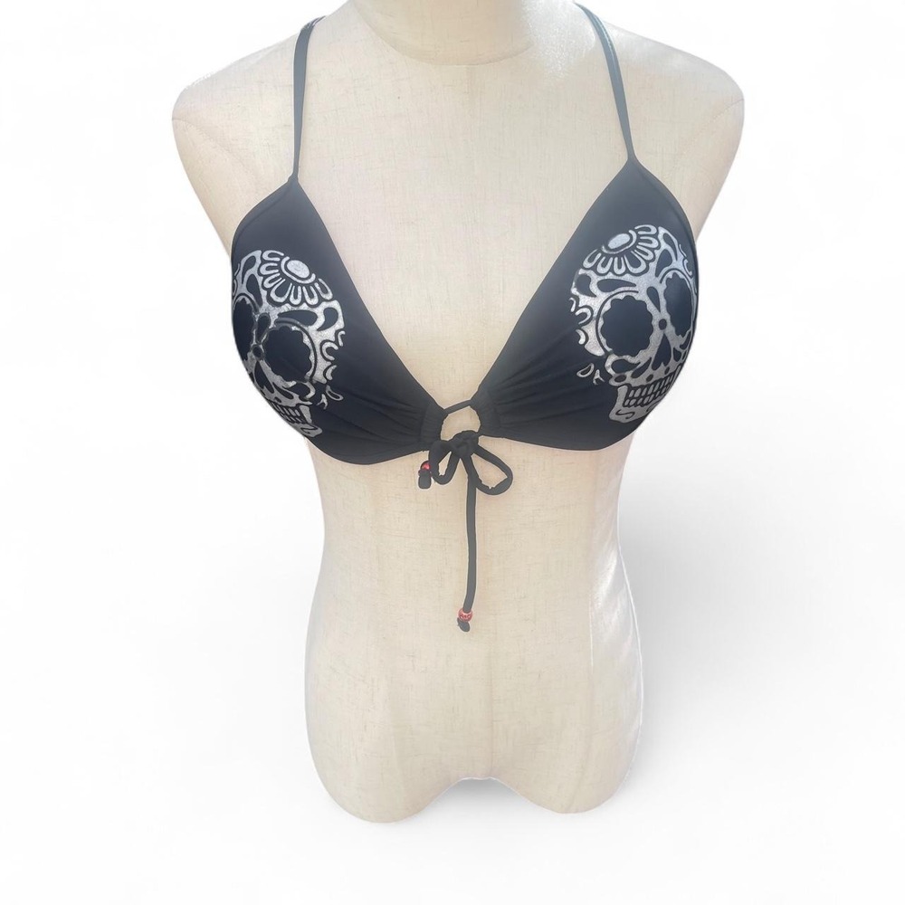 Hot Topic Black Silver Glitter Sugar Skull Triangle Bikini Top Cross Back Large